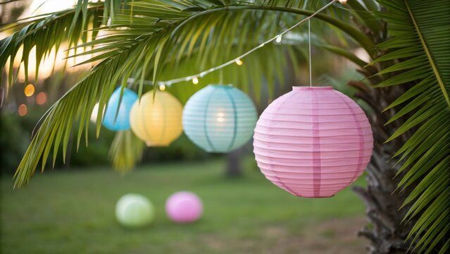 Colorful paper lanterns strung on a string hanging from palm tree leaves at sunset