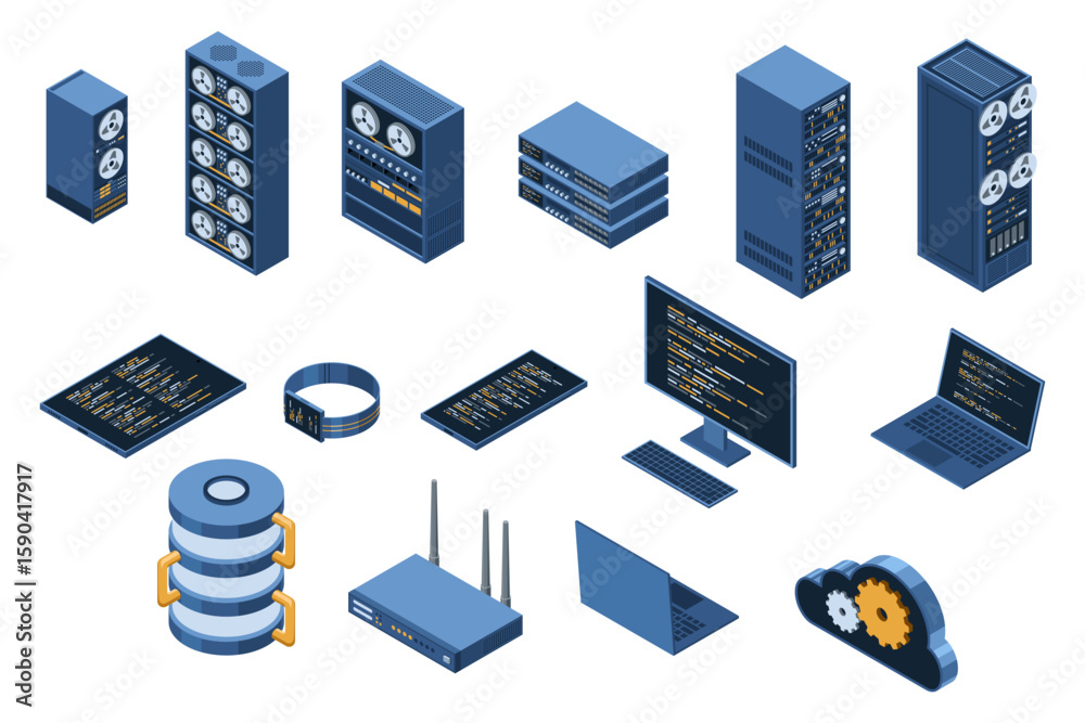 Poster set of isometric computer technology. isometric set server equipment. cloud network and database pla