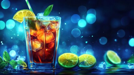 Vibrant cocktail, lime, ice, mint, dark background
