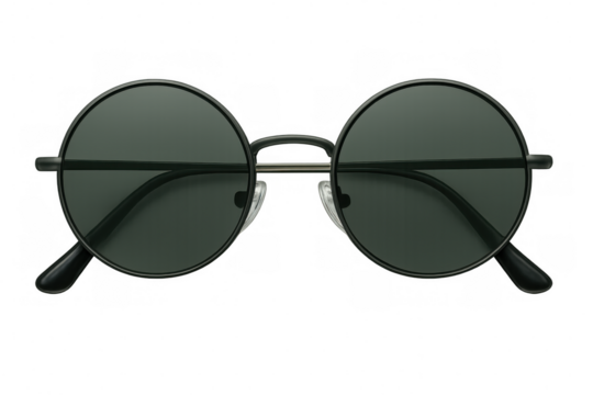 Sleek round sunglasses featuring dark green lenses, black frames, accessorizing summer fashion against transparent backdrop