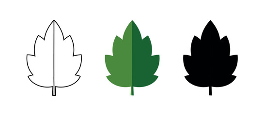 Three Leaf Icons in Outline, Solid Green, and Silhouette Forms