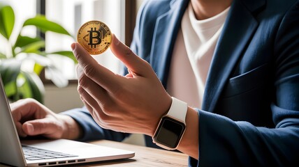 Person holding golden bitcoin coin near laptop and plant cryptocurrency digital currency