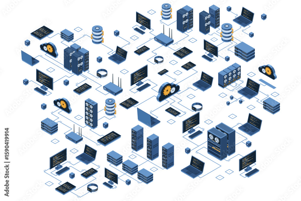 Poster isometric data network management. cloud storage data and synchronization of devices. networking, da