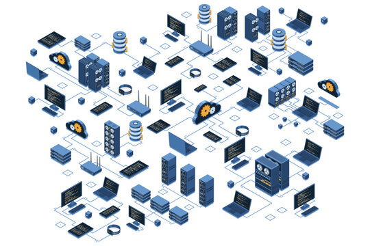Isometric data network management. Cloud storage data and synchronization of devices. Networking, database, cloud storage. Isometric technology