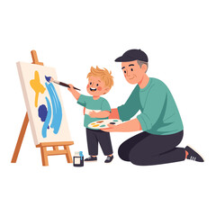 Fototapeta premium Father and Son Painting Together on Easel, Creative Art Class