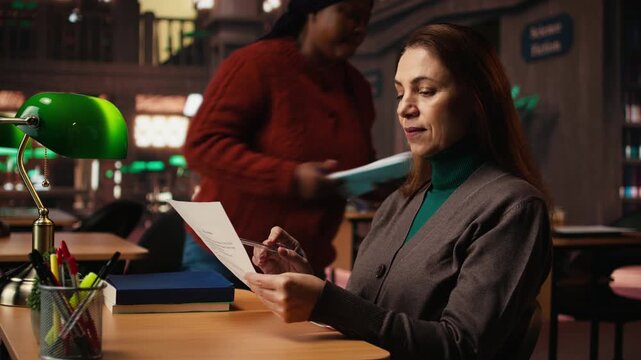 Woman with a serious expression studies papers at a public library desk, engaged in academic research and reading textbooks to enrich her understanding of literature. Self study. Camera A.