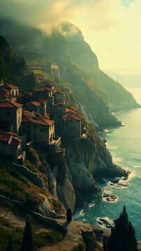Cliffside Mediterranean Village with Red Roofs and Ocean View at Sunrise
