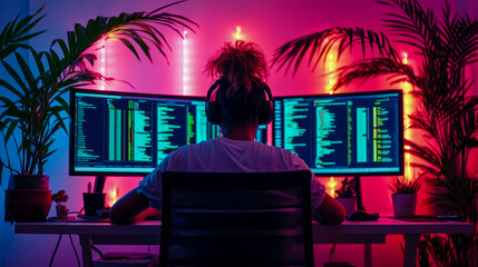 Individual immersed in a neon-lit coding environment with dual monitors, showcasing a vibrant futuristic home workspace setup under glowing pink and blue light, for tech and gaming concepts.