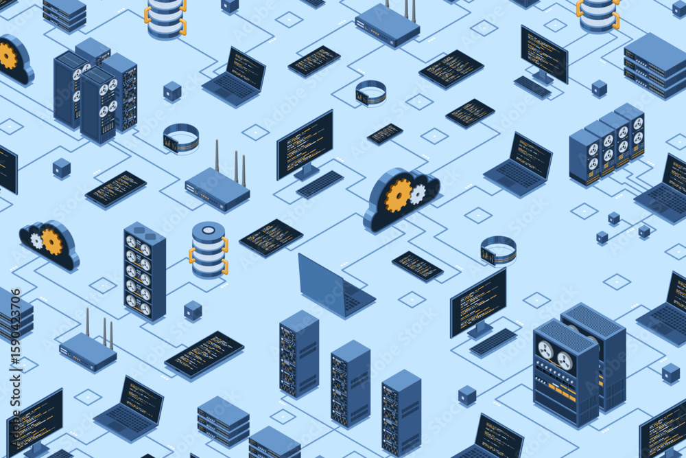 Poster isometric data network management. cloud storage data and synchronization of devices. networking, da