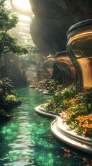 Futuristic eco city landscape featuring a tranquil river picture