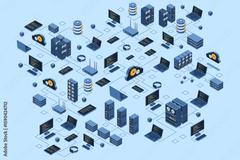 Poster isometric data network management. cloud storage data and synchronization of devices. networking, da