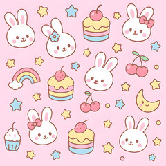 Seamless kawaii pastel pattern with bunnies, cupcakes, cakes, cherries, star, moons, and rainbows