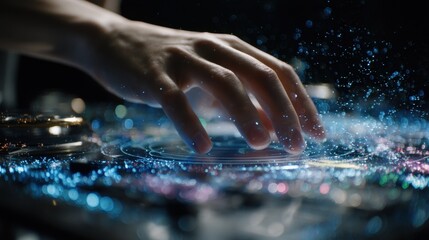 Professional technician uses hand gestures to interact with a futuristic holographic interface, manipulating data and settings amidst shimmering projections
