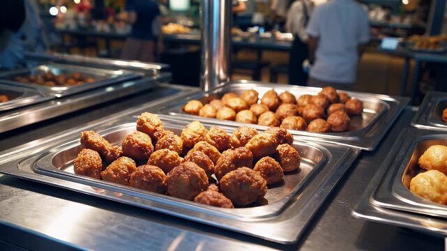 buffet food counter filled with hot deep fried meatballs tofu and chicken wings inside a glass display case typical local dining experience in fast casual restaurant