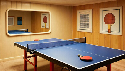 Ping Pong Table in Game Room with Geometric Artwork