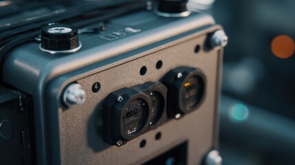 Obraz premium Macro shot featuring a bidirectional inverter's rugged metal housing with weatherproof seals, ensuring durability and reliable performance in outdoor conditions