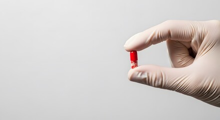 A gloved hand delicately holds a single red capsule against a plain white background.