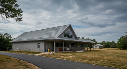 a house with a metal roof in a field