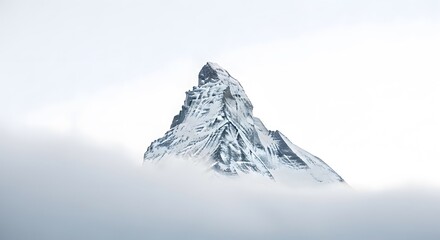Majestic snow-covered mountain peak piercing through dense, swirling clouds.