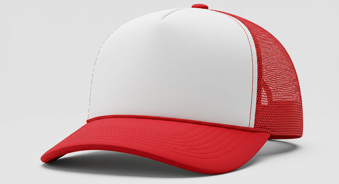 Realistic Detailed Red and White Trucker Cap Isolated Fashionable Headwear