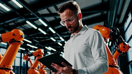 Advanced robotics engineer inspects automated factory line with precision and focus