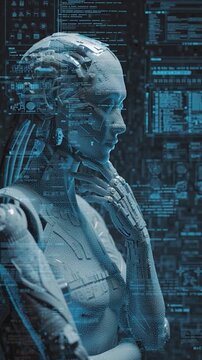 Vertical video AI robot head with holographic screens displaying data and code. Concept of artificial intelligence and virtual internet iconsd