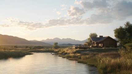Fototapeta premium Tranquil riverside cabin at dawn