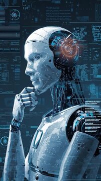 Vertical video AI robot head with holographic screens displaying data and code. Concept of artificial intelligence and virtual internet iconsd