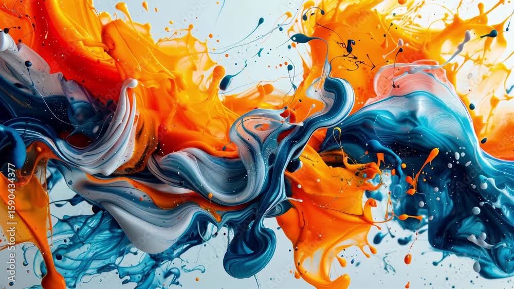 Poster vibrant orange and serene blue paint streams dance and splash in dynamic swirling patterns. abstract