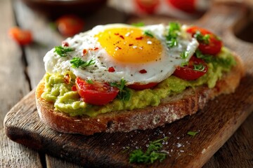 Delicious avocado toast with fried egg, cherry tomatoes, and fresh herbs on wooden board