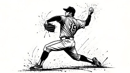 Baseball pitcher throwing ball illustration black and white sports art design print
