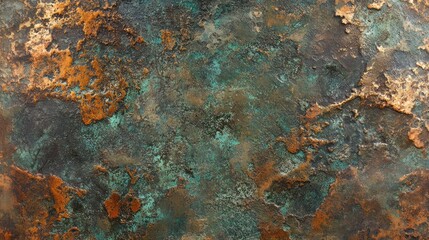 A beautiful, weathered patina on a copper surface, with a mix of green and brown tones, the beauty of aging materials, abstract and textured, hyper-detailed.