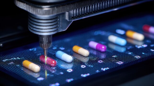 Pharmaceutical industry machinery prints quantum dot tags on a row of colorful pills placed on a digital display, enhancing traceability and security in drug manufacturing