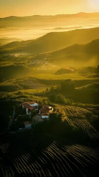 Aerial View of Vineyard Hills and Rural Homes at Sunrise in Golden Light
