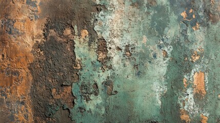 A beautiful, weathered patina on a copper surface, with a mix of green and brown tones, the beauty of aging materials, abstract and textured, hyper-detailed.