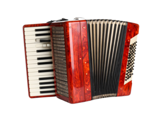 A vibrant red accordion with white keys, an isolated musical instrument on a white background.