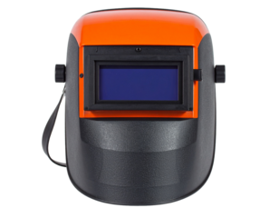 An orange and black welding mask, providing eye and face protection, isolated on a white background.