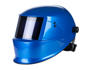 A blue welding mask, essential safety equipment, isolated on a white background.