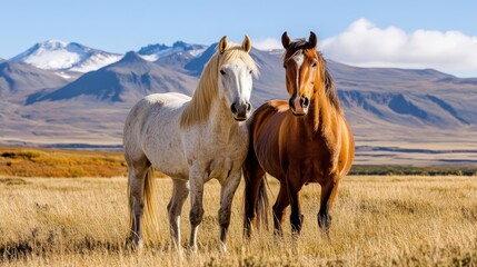 Obraz premium Majestic horses court on the Icelandic plains beneath a cerulean sky