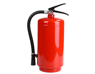 A bright red fire extinguisher, a crucial safety device, isolated on a white background.