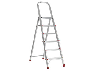 A silver emergency ladder, foldable and portable, isolated on a clean white background.