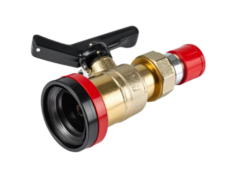 A metallic fire hose nozzle, essential for directing water in firefighting, isolated on white.