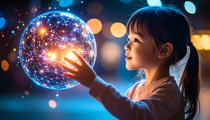 Naklejka premium Adorable girl reaches for a glowing tech sphere showcasing future technology and connectivity with wonder and curiosity.