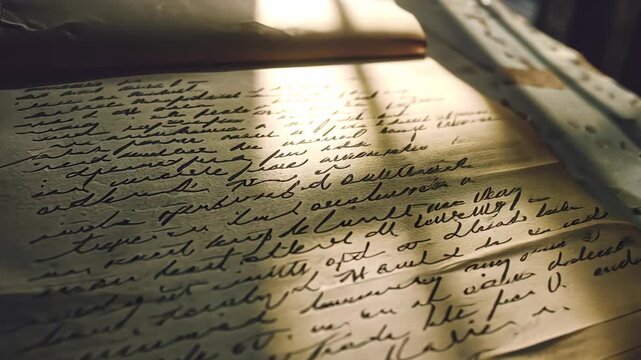 mysterious handwritten note with blurred handwriting, cryptic message, intriguing shadows