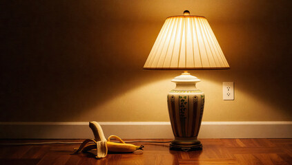 Illuminated Table Lamp and Peeled Banana on Hardwood Floor