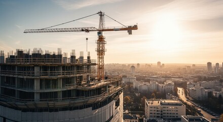 Construction crane operating atop a modern skyscraper under development, surrounded by scaffolding and concrete, set against a vibrant urban cityscape at sunset