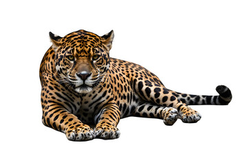Obraz premium Powerful jaguar in sphinx-like pose with rosette markings and fierce gaze, perfect for wildlife or nature themes. Isolated on white or transparent background. PNG