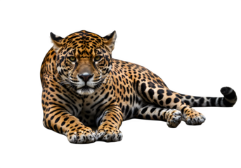 Powerful jaguar in sphinx-like pose with rosette markings and fierce gaze, perfect for wildlife or nature themes. Isolated on white or transparent background. PNG
