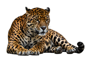 Fototapeta premium Powerful jaguar in sphinx-like pose with rosette markings and fierce gaze, perfect for wildlife or nature themes. Isolated on white or transparent background. PNG