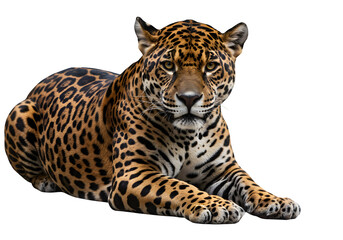 Obraz premium Powerful jaguar in sphinx-like pose with rosette markings and fierce gaze, perfect for wildlife or nature themes. Isolated on white or transparent background. PNG